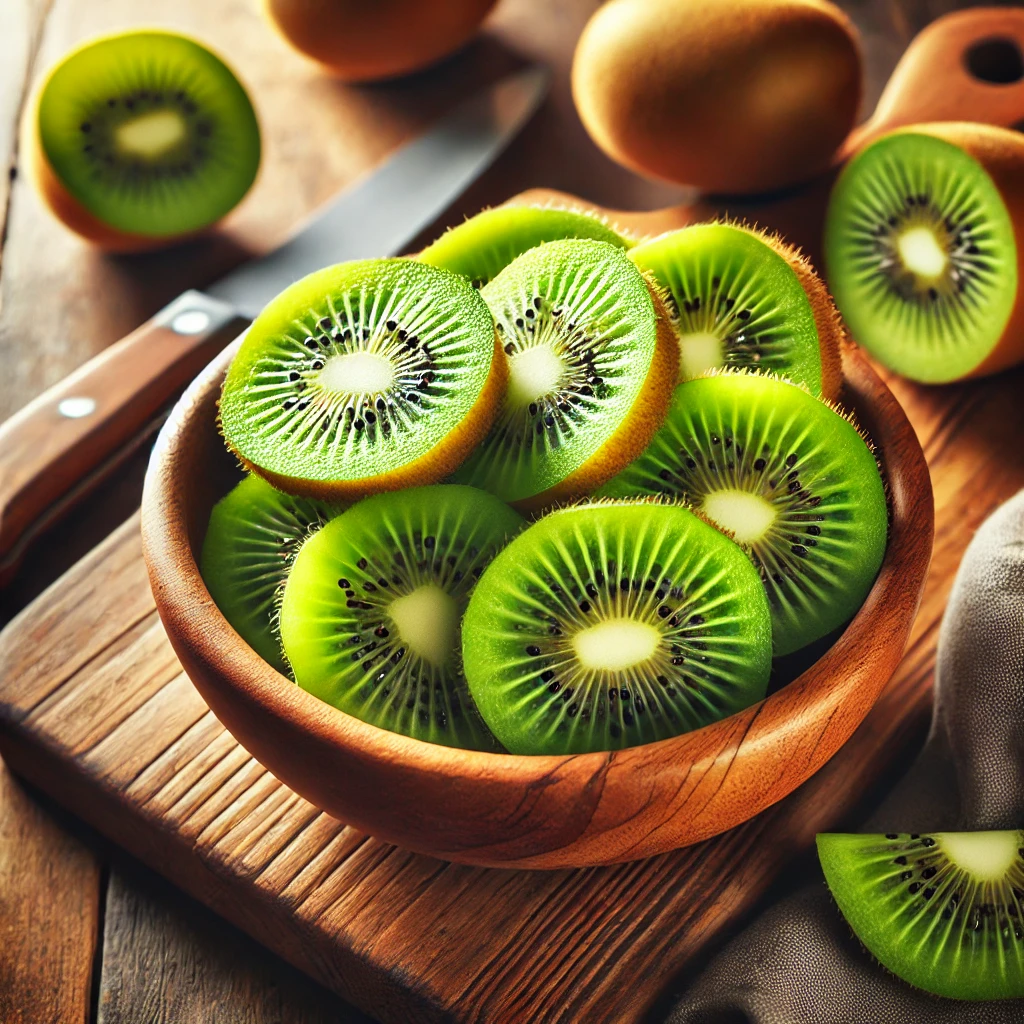 A bowl of sliced kiwi fruit – Enzyme-rich kiwi for improved digestion and bloating relief.