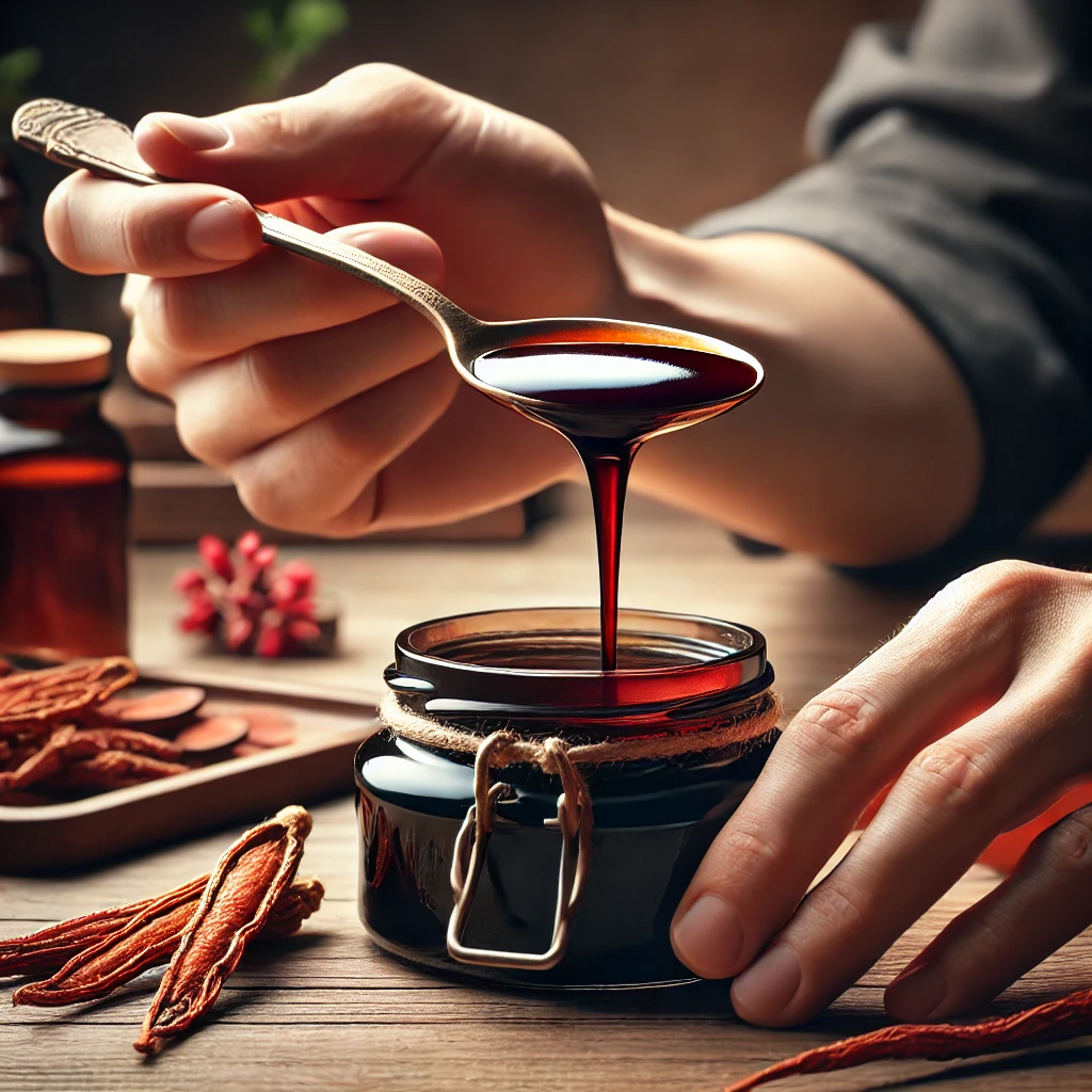 A person taking a spoonful of red ginseng extract – Red ginseng can be taken daily for fatigue recovery and cognitive support.